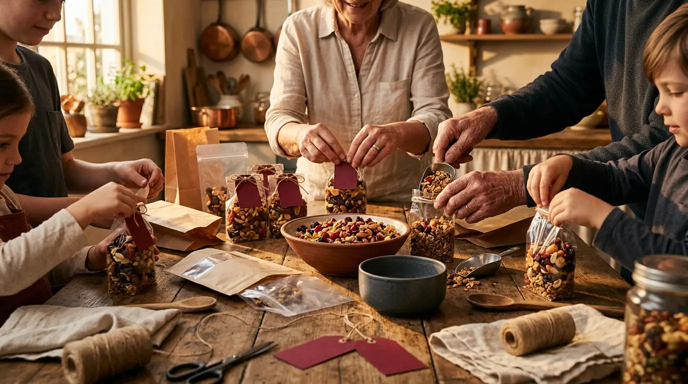 Family hands packing snack bags together at a kitchen table
