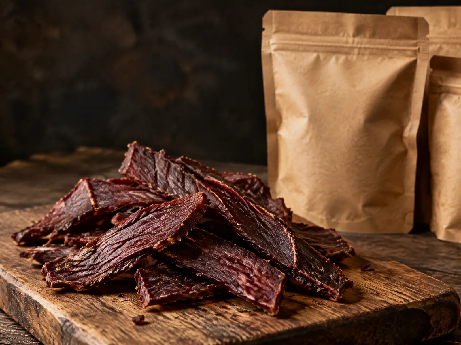Thick-cut brisket beef jerky piled on a wooden board beside kraft resealable pouches