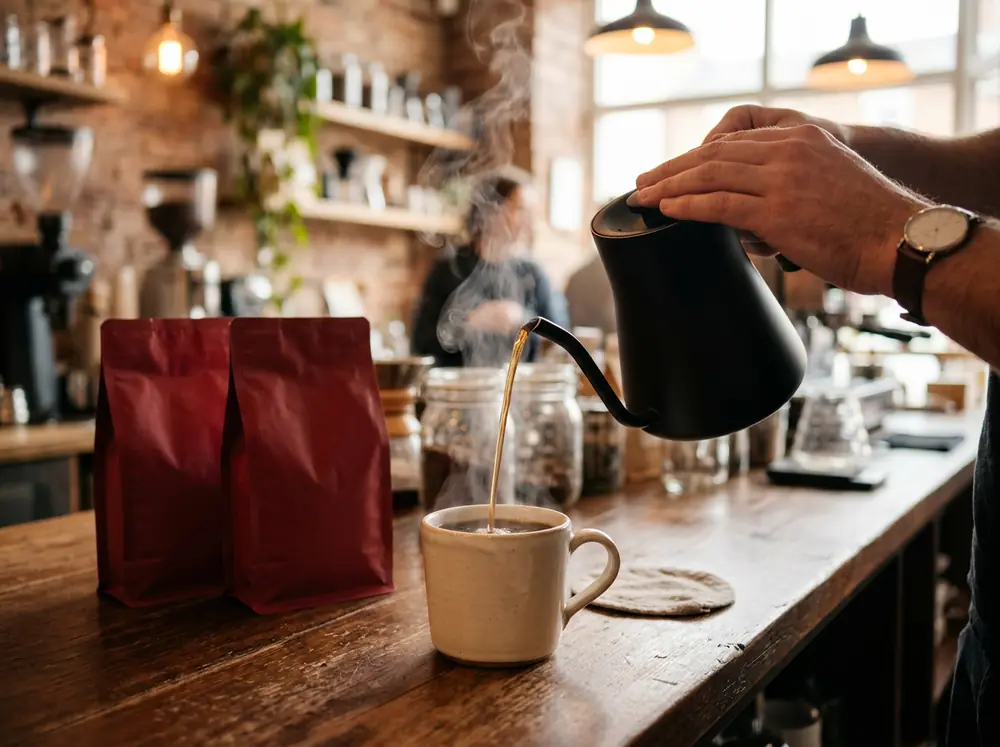 Barista pouring fresh coffee beside red coffee bags