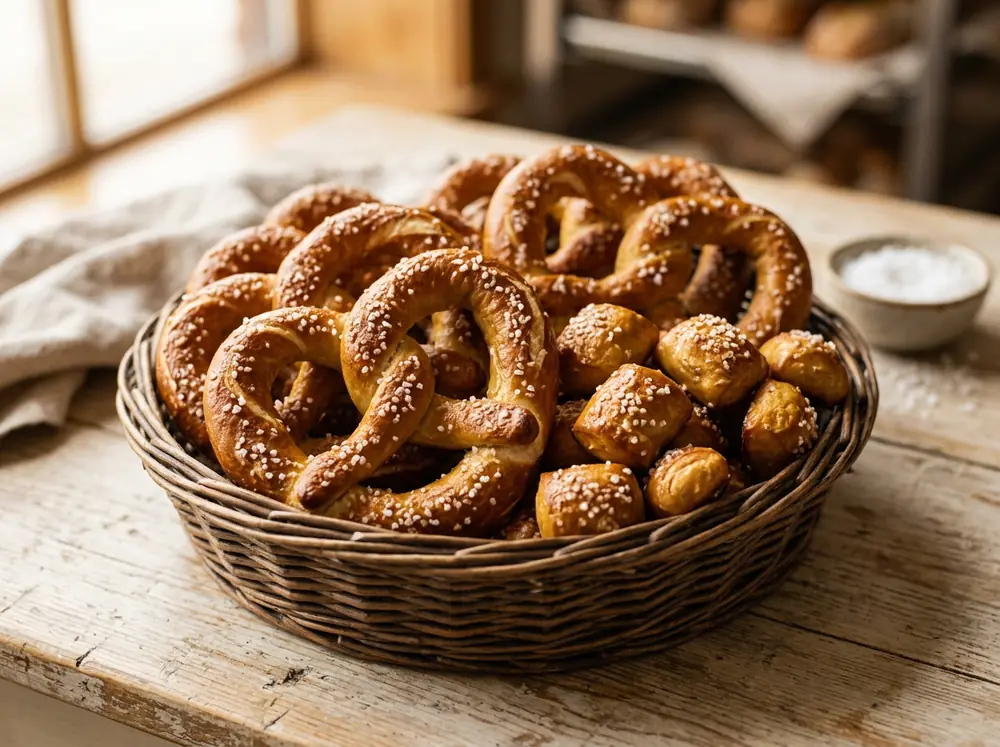 Basket of crunchy pretzel twists and bites with coarse salt