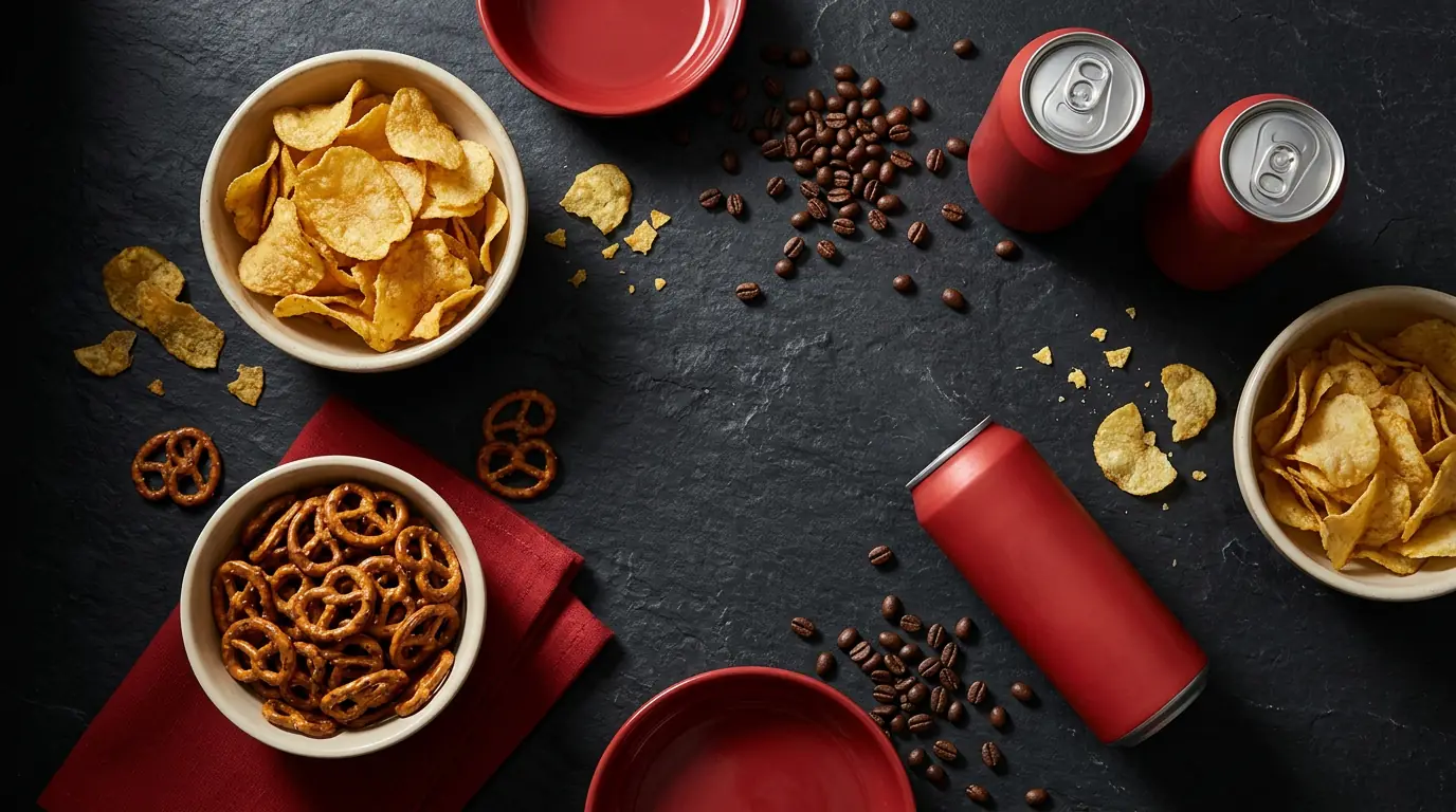 Overhead flat-lay of chips, pretzels, coffee beans and red beverage cans