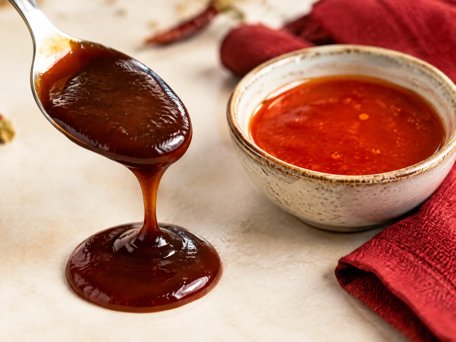 BBQ sauce dripping from a spoon next to a bowl of bright red hot sauce