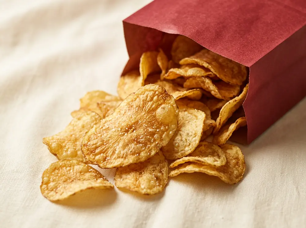 Kettle chips spilling from a red bag onto a cream background