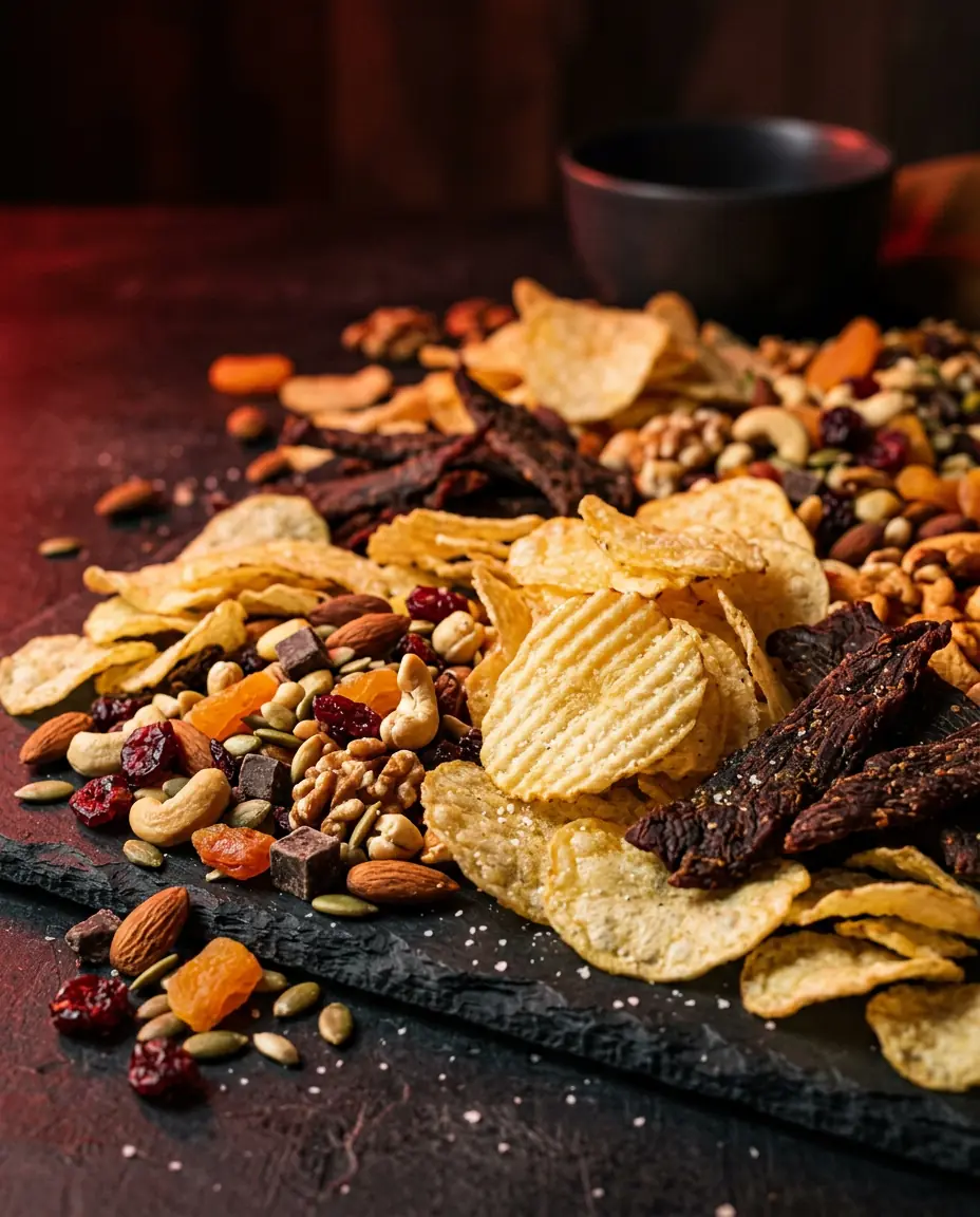 Assortment of chips, trail mix and beef jerky on a dark surface