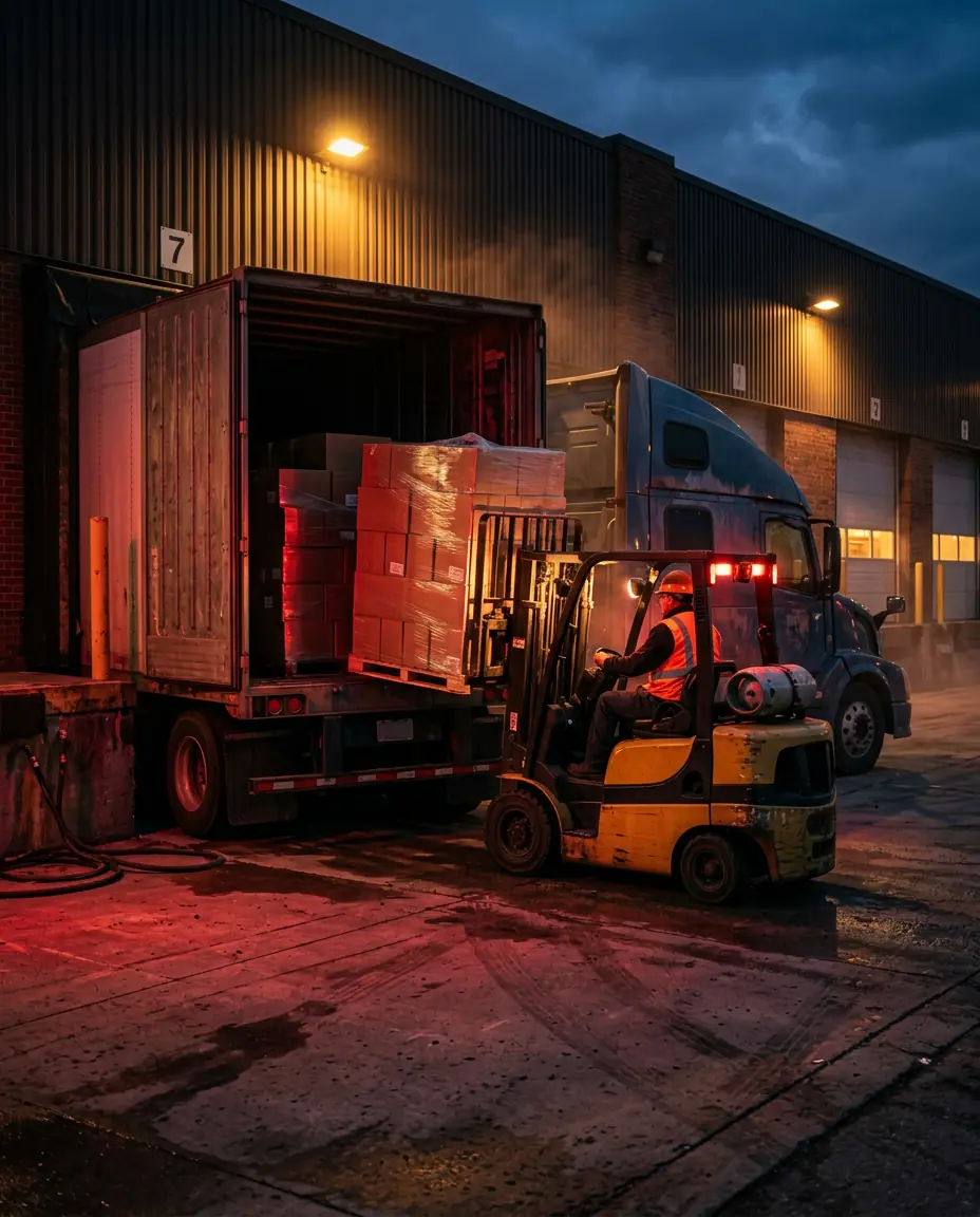 Forklift loading shrink-wrapped pallets into a semi truck at a loading dock